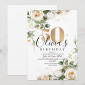 Witte Rozen en Goud Elegante Bloem 50e Verjaardag Kaart (Voorkant / Achterkant)