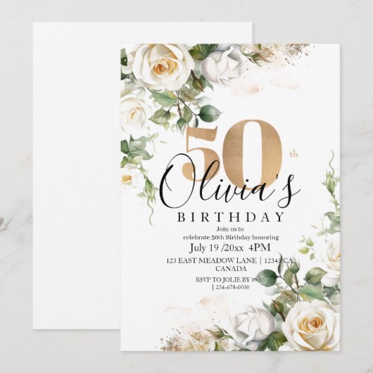 Witte Rozen en Goud Elegante Bloem 50e Verjaardag Kaart (Voorkant / Achterkant)