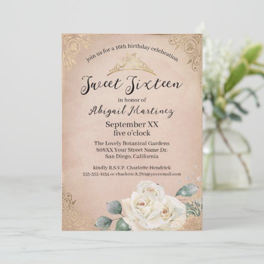 Witte Rozen en Goud  Roze Sweet Sixteen Kaart (Staand voorkant)