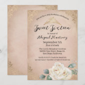 Witte Rozen en Goud  Roze Sweet Sixteen Kaart (Voorkant / Achterkant)