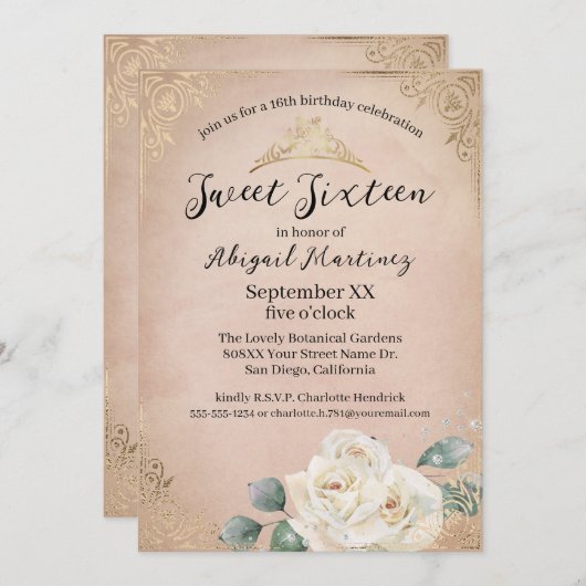 Witte Rozen en Goud  Roze Sweet Sixteen Kaart (Voorkant / Achterkant)