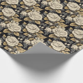 Witte rozen en gouden bladeren bloemmotief cadeaupapier (Hoek)