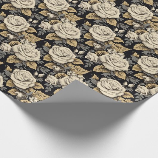 Witte rozen en gouden bladeren bloemmotief cadeaupapier (Hoek)