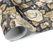 Witte rozen en gouden bladeren bloemmotief cadeaupapier (Rol Hoek)