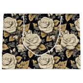 Witte rozen en gouden bladeren bloemmotief groot cadeauzakje (Voorkant)