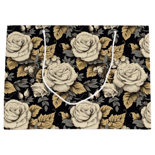 Witte rozen en gouden bladeren bloemmotief groot cadeauzakje (Voorkant)