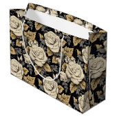 Witte rozen en gouden bladeren bloemmotief groot cadeauzakje (Achterkant Gekanteld)