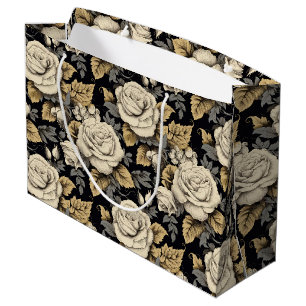 Witte rozen en gouden bladeren bloemmotief groot cadeauzakje
