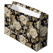 Witte rozen en gouden bladeren bloemmotief groot cadeauzakje (Voorkant Gekanteld)