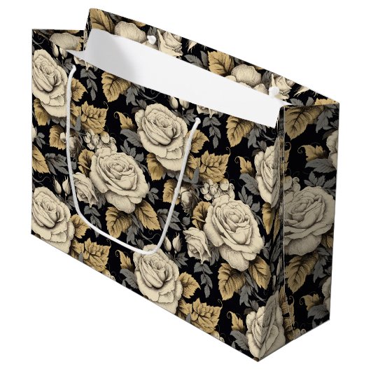 Witte rozen en gouden bladeren bloemmotief groot cadeauzakje (Voorkant Gekanteld)