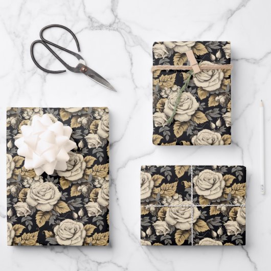 Witte rozen en gouden bladeren bloemmotief inpakpapier vel (Voorkant)