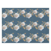 Witte rozen en gouden bladeren op een blauwe achte tafelkleed (Voorkant (Horizontaal))