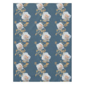 Witte rozen en gouden bladeren op een blauwe achte tafelkleed (Voorkant)