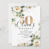 Witte Rozen en Gouden Elegante Bloem 50e Verjaarda Kaart (Voorkant)
