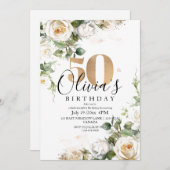 Witte Rozen en Gouden Elegante Bloem 50e Verjaarda Kaart (Voorkant / Achterkant)