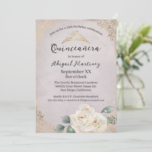 Witte Rozen en Gouden Lavendel Quinceanera Kaart (Staand voorkant)