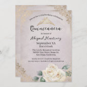 Witte Rozen en Gouden Lavendel Quinceanera Kaart (Voorkant / Achterkant)