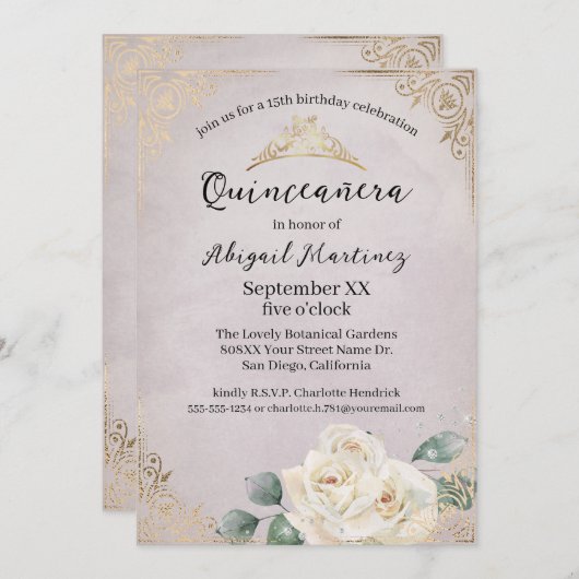 Witte Rozen en Gouden  Lavendel Quinceanera Kaart (Voorkant / Achterkant)