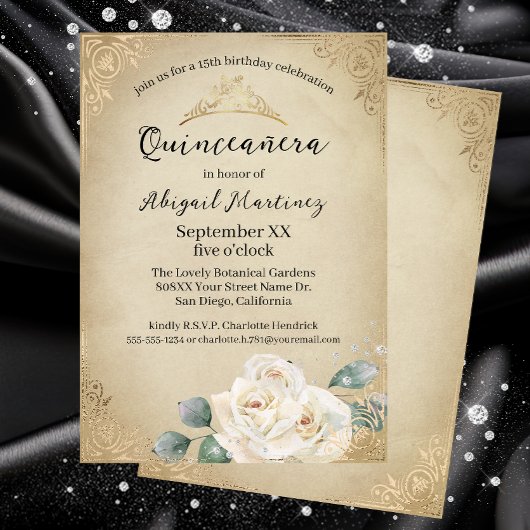 Witte Rozen en Gouden  Quinceanera Kaart