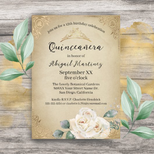 Witte Rozen en Gouden  Quinceanera Kaart