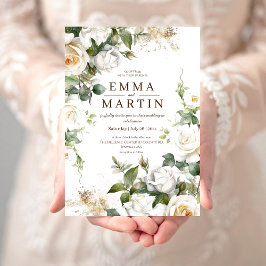 Witte Rozen en Gouden Stof Elegante Bloemen Bruilo Kaart