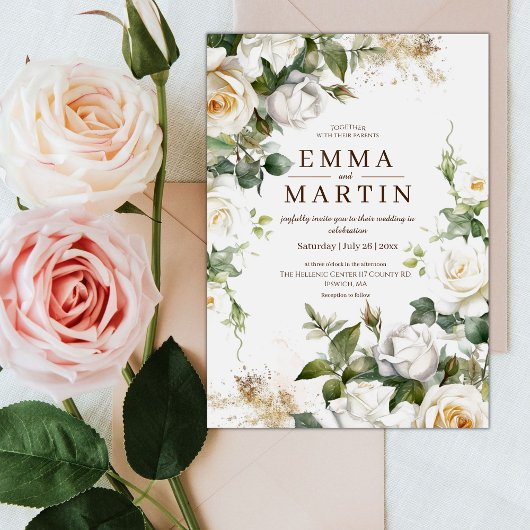 Witte Rozen en Gouden Stof Elegante Bloemen Bruilo Kaart