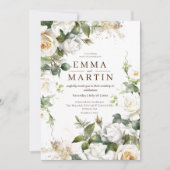 Witte Rozen en Gouden Stof Elegante Bloemen Bruilo Kaart (Voorkant)