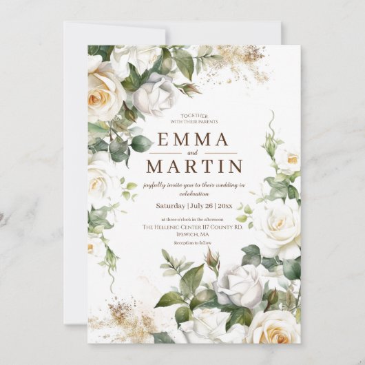 Witte Rozen en Gouden Stof Elegante Bloemen Bruilo Kaart (Voorkant)