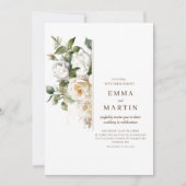 Witte Rozen en Gouden Stof Elegante Moderne Bruilo Kaart (Voorkant)