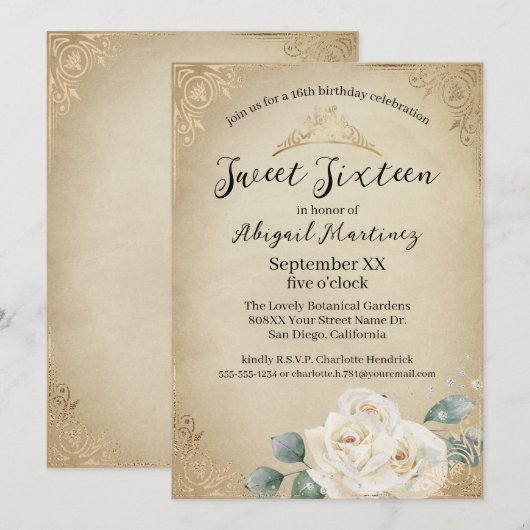 Witte Rozen en Gouden Sweet Sixteen Kaart (Voorkant / Achterkant)