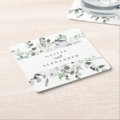 Witte rozen en groen bloemenbruiloft kartonnen onderzetters (Schuin)