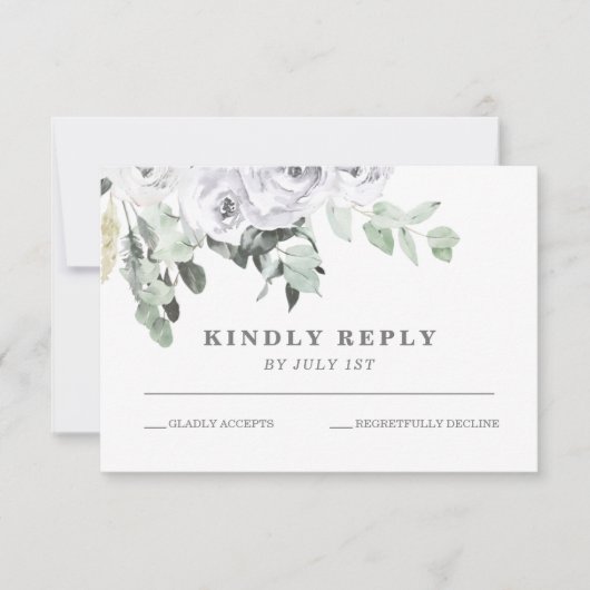 Witte rozen en groen bloemenbruiloft RSVP kaartje (Voorkant)