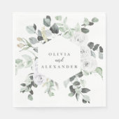 Witte rozen en groen bloemenbruiloft servet (Voorkant)