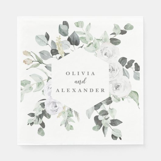 Witte rozen en groen bloemenbruiloft servet (Voorkant)