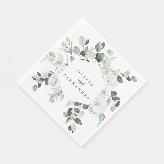 Witte rozen en groen bloemenbruiloft servet (Hoek)