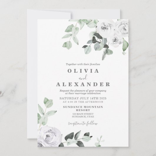 Witte Rozen en groen bloemenbruiloft Uitnodiging (Voorkant)