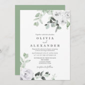 Witte Rozen en groen bloemenbruiloft Uitnodiging (Voorkant / Achterkant)