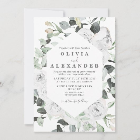 Witte Rozen en groen bloemenbruiloft Uitnodiging (Voorkant)