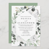 Witte Rozen en groen bloemenbruiloft Uitnodiging (Voorkant / Achterkant)