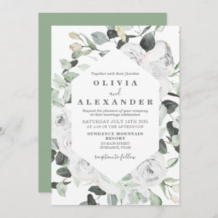 Witte Rozen en groen bloemenbruiloft Uitnodiging