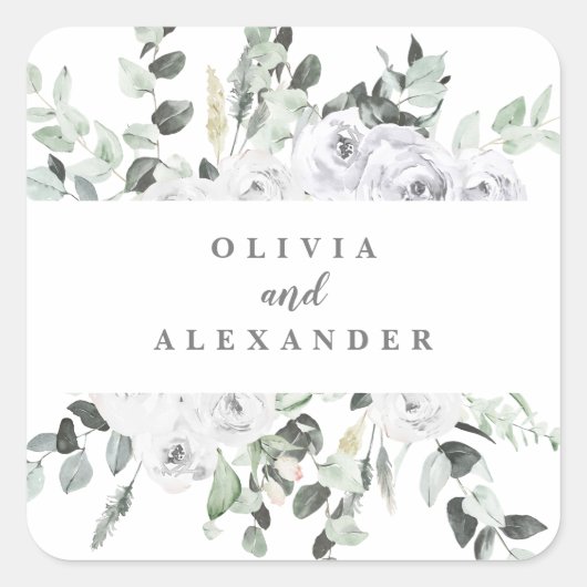 Witte rozen en groen bloemenbruiloft vierkante sticker (Voorkant)