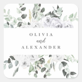 Witte rozen en groen bloemenbruiloft vierkante sticker
