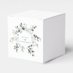 Witte rozen en groen bloemenkransttrouwmonogram bedankdoosjes