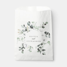 Witte rozen en groen bloemenkransttrouwmonogram F Bedankzakje