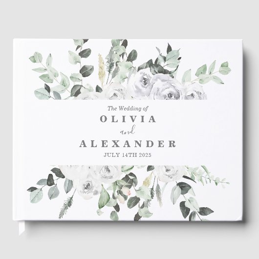 Witte rozen en groen elegante bloemenbruiloft gastenboek (Voorkant)