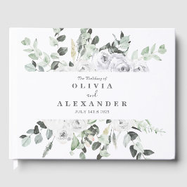 Witte rozen en groen elegante bloemige bruiloft gastenboek