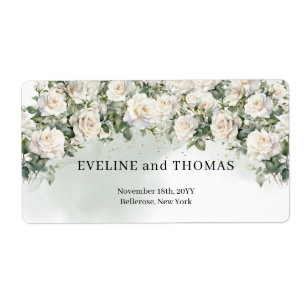 witte rozen en groen gebladerte bruiloft etiket