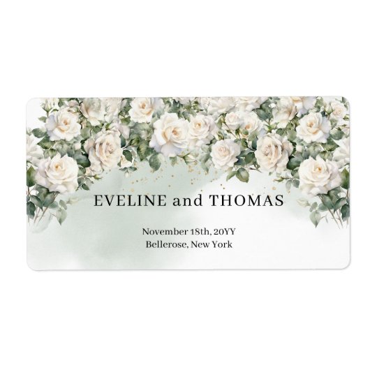 witte rozen en groen gebladerte bruiloft etiket (Voorkant)