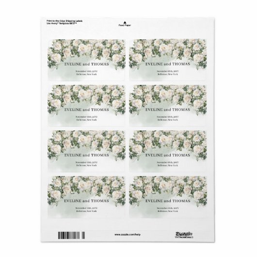 witte rozen en groen gebladerte bruiloft etiket (Full Sheet)