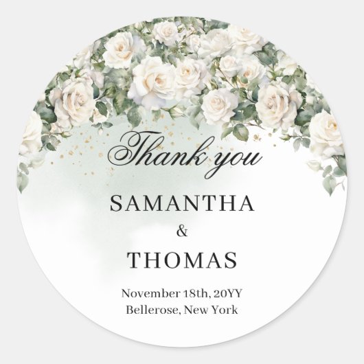 witte rozen en groen gebladerte bruiloft ronde sticker (Voorkant)